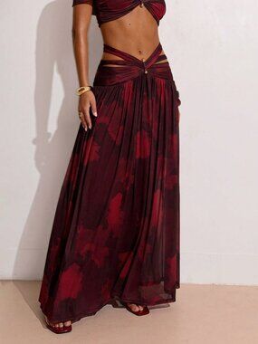 Red Casual Women's Floral Print Metal-Decor Waist Vacation Skirt